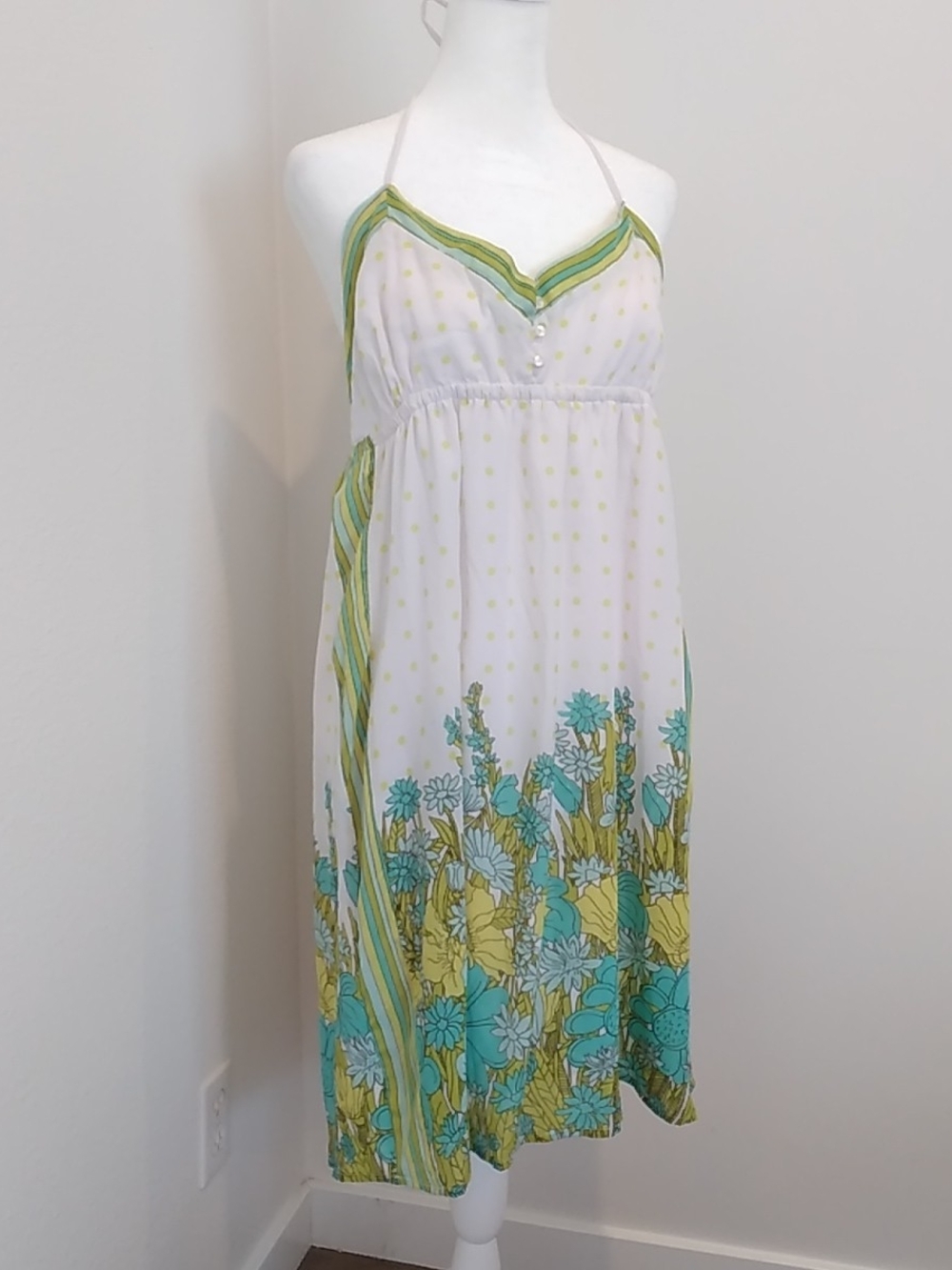 NWT O'Neill Halter Midi Dress- Green, Turquoise Floral Print Summer Fairy Cute